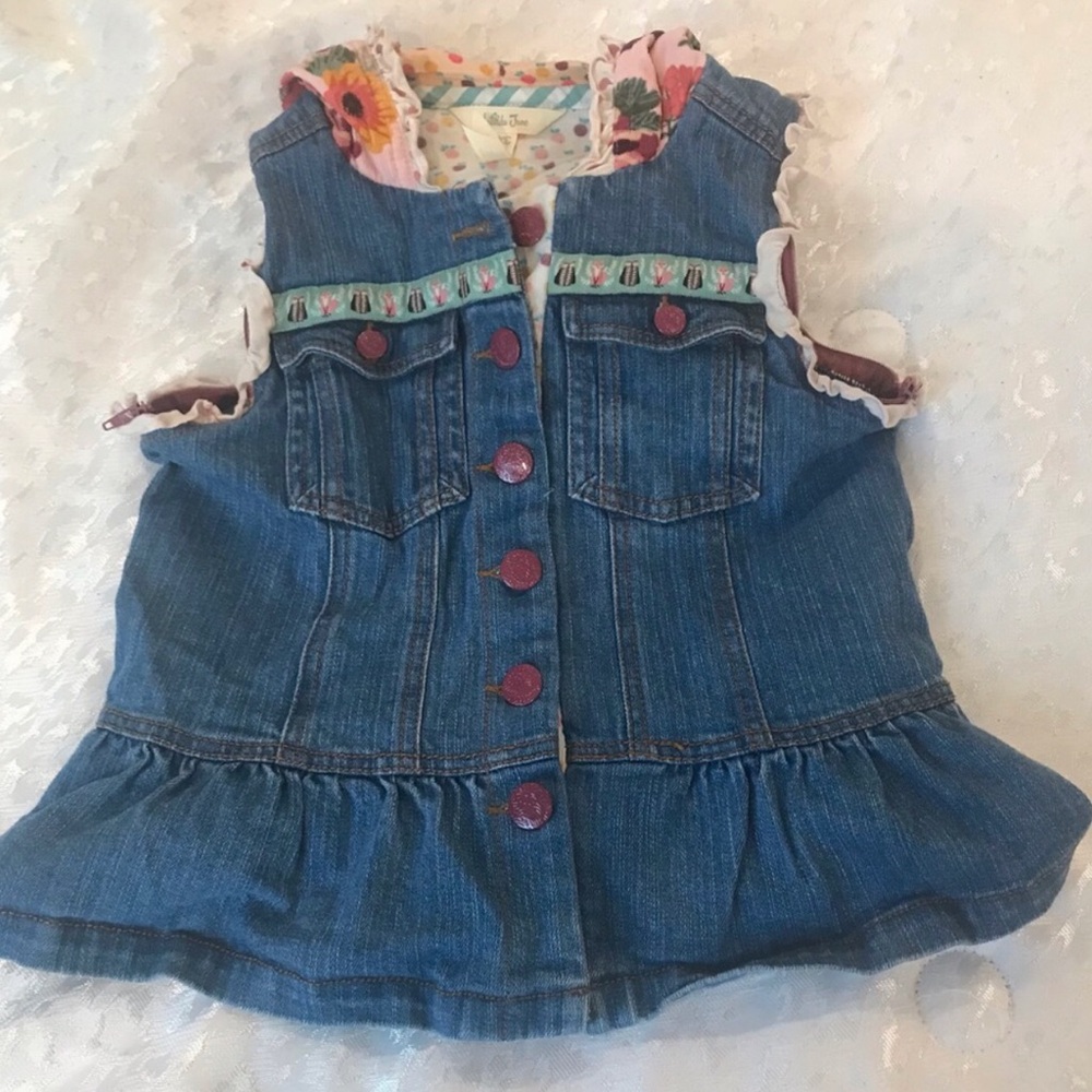 Matilda Jane Girls' Blue Denim Ruffle Vest  with Floral Trim Size 12